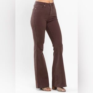 Judy Blue Flare Jean High Waist Raw Hem Espresso Brown Tummy Control Size 13/31